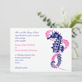 Zeepaard en zeewier blauw, hete roze bruiloft kaart (Staand voorkant)