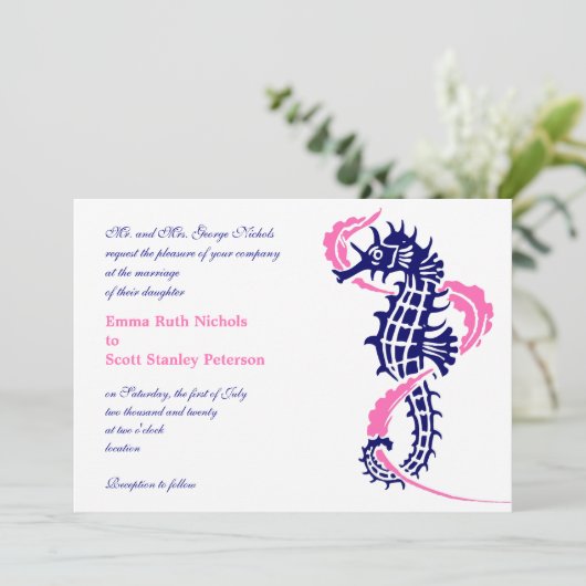 Zeepaard en zeewier blauw, hete roze bruiloft kaart (Staand voorkant)