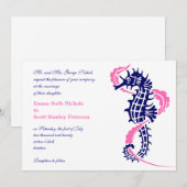 Zeepaard en zeewier blauw, hete roze bruiloft kaart (Voorkant / Achterkant)