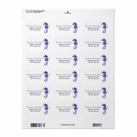 Zeepaard en zeewier blauw, roze bruiloft etiket (Full Sheet)