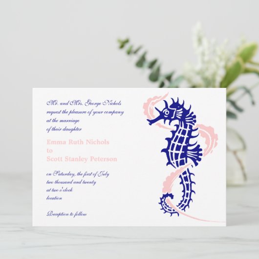 Zeepaard en zeewier blauw, roze bruiloft kaart (Staand voorkant)