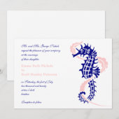 Zeepaard en zeewier blauw, roze bruiloft kaart (Voorkant / Achterkant)