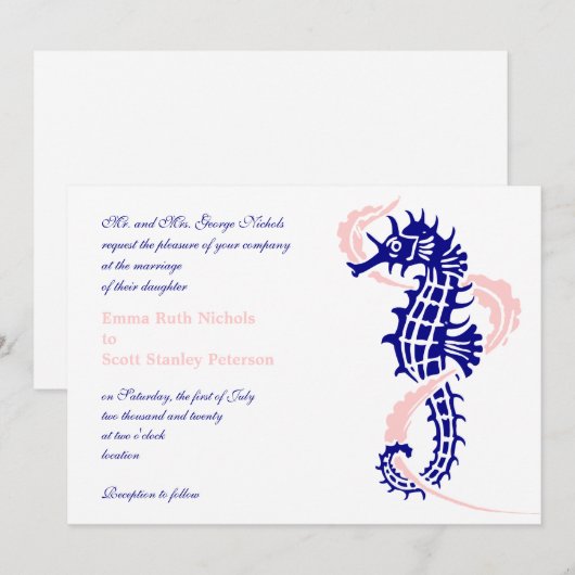 Zeepaard en zeewier blauw, roze bruiloft kaart (Voorkant / Achterkant)