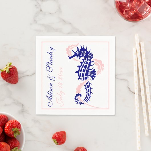 Zeepaard en zeewier blauw, roze bruiloft servet (Insitu)