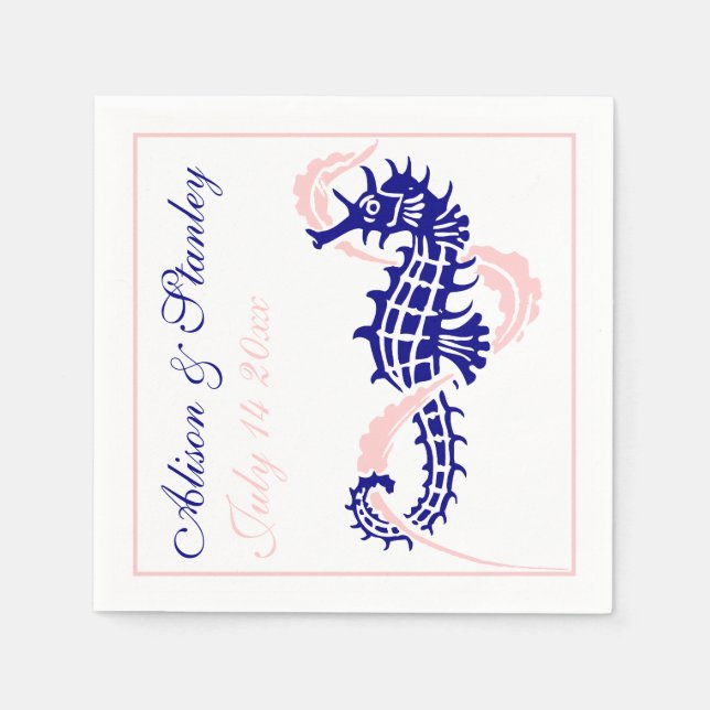 Zeepaard en zeewier blauw, roze bruiloft servet (Voorkant)