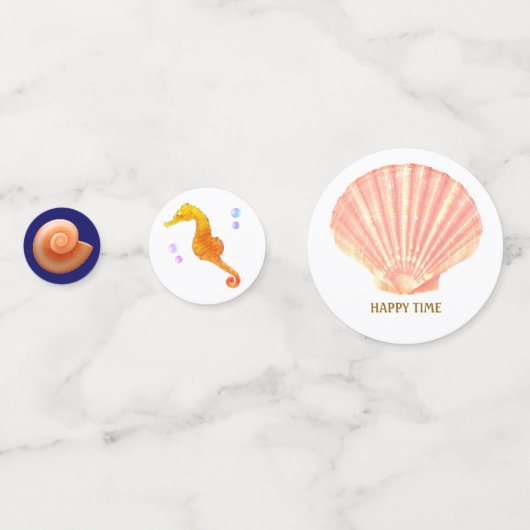 Zeepaard, schelp, sterren op marinesblauwe en witt confetti (Achterkanten)