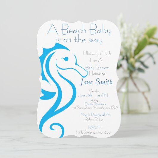 Zeepaard Strand Baby Uitnodiging (jongen) (Staand voorkant)