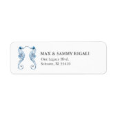 Zeepaarden adres in blauwe aquarel etiket (Voorkant)