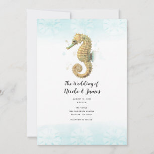 Zeepaarden Blauwgroen & Goud Waterverf Bruiloft Kaart