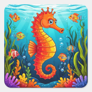 Zeepaarden Koraalrif Oceaan Zeedieren Mariene Dier Vierkante Sticker