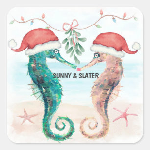 Zeepaarden Kus Strand Kerst Koppel Bruiloft Vierkante Sticker
