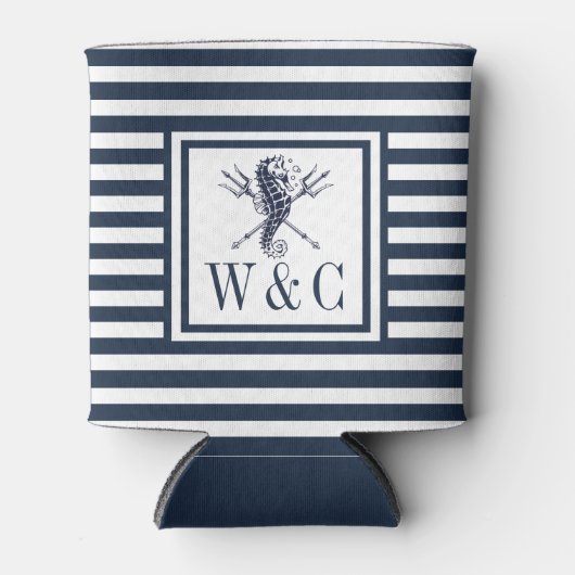 Zeepaarden marine blauwe streep nautisch monogram  blikjeskoeler (Voorkant)