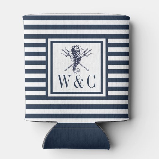 Zeepaarden marine blauwe streep nautisch monogram  blikjeskoeler (Achterkant)