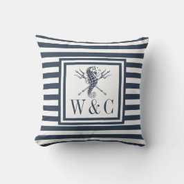 Zeepaarden Monogram Navyblauw Gestreepte Maritiem Buitenkussen