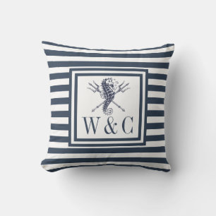 Zeepaarden Monogram Navyblauw Gestreepte Maritiem Buitenkussen