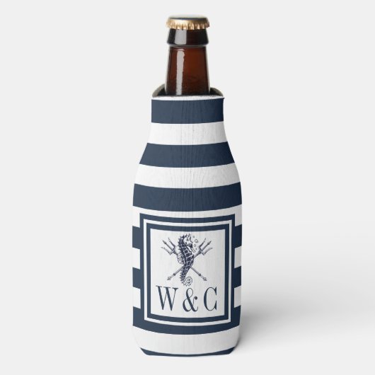Zeepaarden Nautisch Monogram Navy Blauwe Streep Fl Flesjeskoeler (Fles Voorkant)