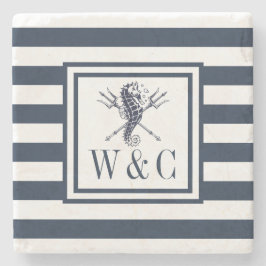 Zeepaarden Nautisch Monogram Navy Blauwe Streep Stenen Onderzetter
