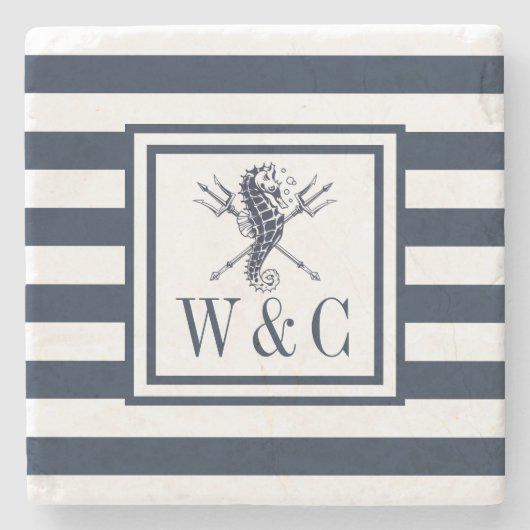 Zeepaarden Nautisch Monogram Navy Blauwe Streep Stenen Onderzetter (Voorkant)