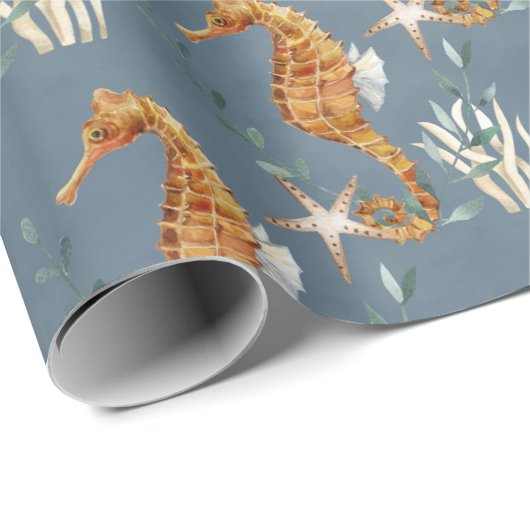 zeepaarden onder het diepblauw Zee Cadeaupapier (Rol Hoek)