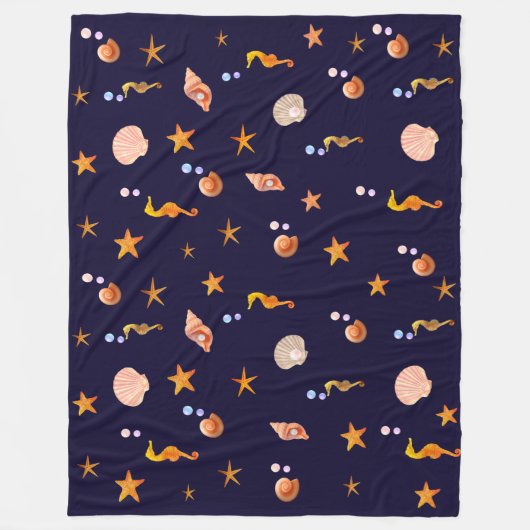 Zeepaarden, schelpen en zeeen sterren op blauw fleece deken (Voorkant)