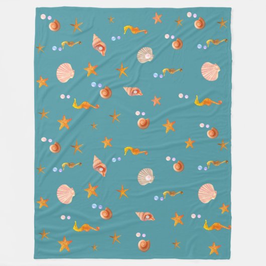 Zeepaarden, schelpen en zeeen sterren op blauwgroe fleece deken (Voorkant)