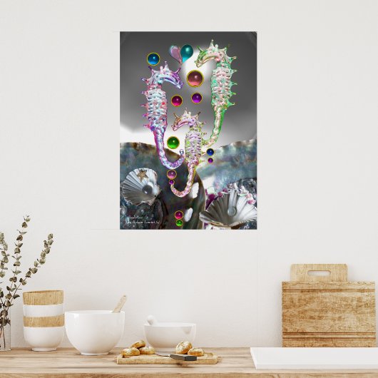 ZEEPAARDEN SCHELPEN,PARELMOER EN KLEURRIJKE EDELST POSTER (Keuken)