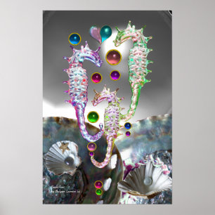 ZEEPAARDEN SCHELPEN,PARELMOER EN KLEURRIJKE EDELST POSTER