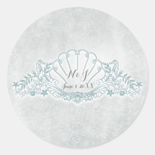Zeepaarden & Schelpen Strand Bruiloft Favor Ronde Sticker (Voorkant)