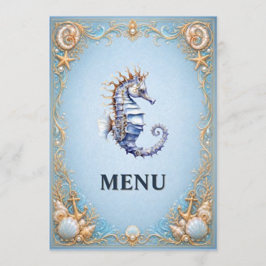 Zeepaarden strand bruiloft nautische conch schelp menu (Voorkant)
