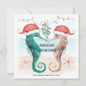 Zeepaarden Strand Mistletoe Kus Getrouwd Kerstmis Feestdagenkaart (Voorkant)