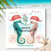 Zeepaarden Strand Mistletoe Kus Getrouwd Kerstmis Feestdagenkaart