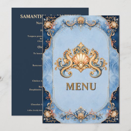 Zeepaarden strand schelp bruiloft menu vintage sch (Voorkant / Achterkant)