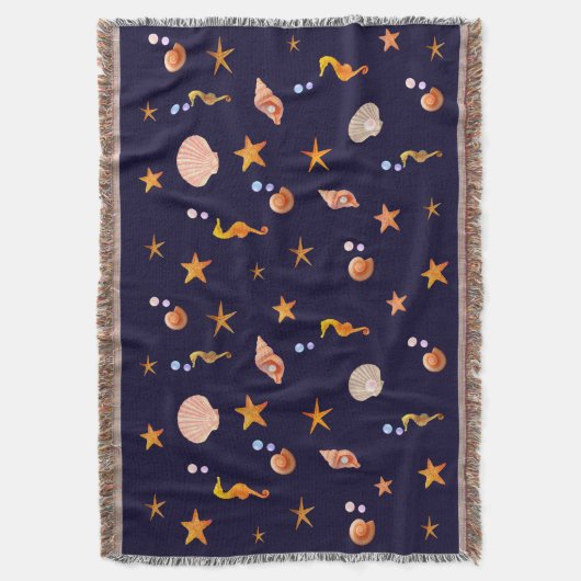 Zeepaarden, zeeen sterren en schelpen op blauw deken (Voorkant Verticaal)