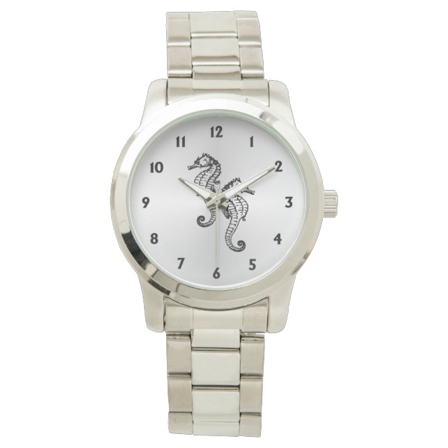 Zeepaarden Zilver met Twaalf Nummers Horloge (Voorkant)