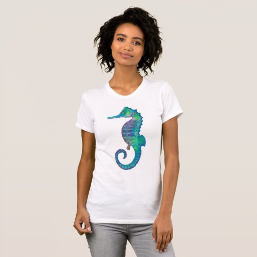 Zeepaardenblauw en groene waterverf t-shirt (Voorkant volledig)