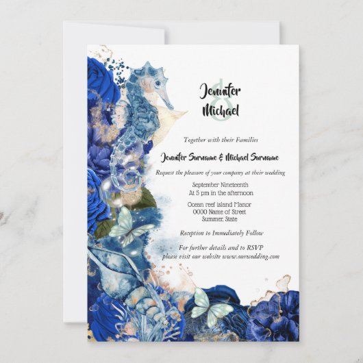 Zeepaardenschelp van zee blauw oranje vlinderchic kaart (Voorkant)