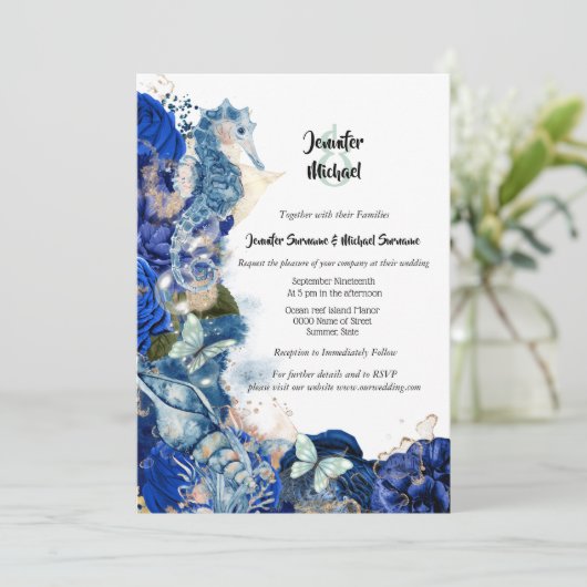 Zeepaardenschelp van zee blauw oranje vlinderchic kaart (Staand voorkant)