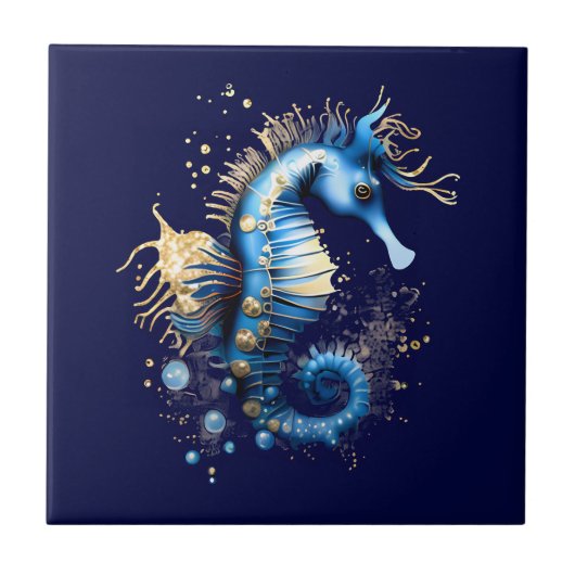 Zeepaardje 3D blauw goud marine fantasie strand ch Tegeltje (Voorkant)