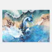 Zeepaardje 3D blauw goud strand zanderig zee oceaa Inpakpapier Vel (Voorkant 3)