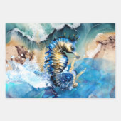 Zeepaardje 3D blauw goud strand zanderig zee oceaa Inpakpapier Vel (Voorkant 2)