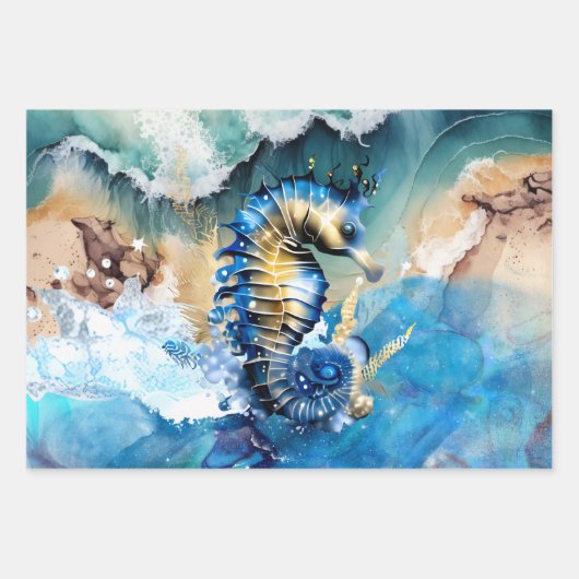 Zeepaardje 3D blauw goud strand zanderig zee oceaa Inpakpapier Vel (Voorkant 2)