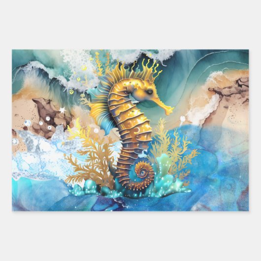 Zeepaardje 3D blauw goud strand zanderig zee oceaa Inpakpapier Vel (Voorkant)