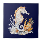 Zeepaardje 3D blauw sinaasappel wit aquatisch zees Tegeltje (Voorkant)