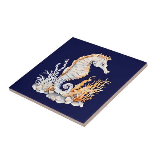 Zeepaardje 3D blauw sinaasappel wit aquatisch zees Tegeltje (Zijkant)