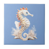 Zeepaardje 3D blauw sinaasappel wit nautische mari Tegeltje (Voorkant)