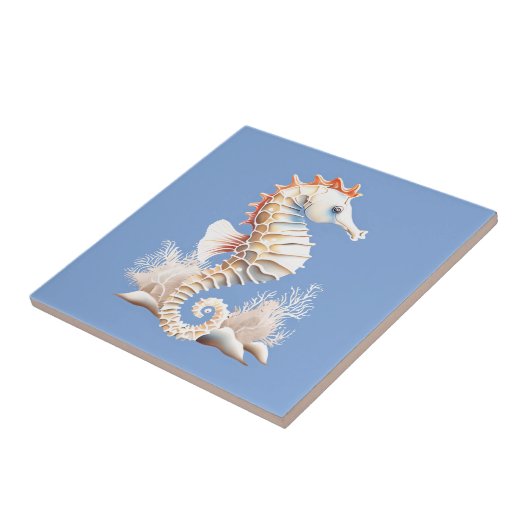 Zeepaardje 3D blauw sinaasappel wit nautische mari Tegeltje (Zijkant)