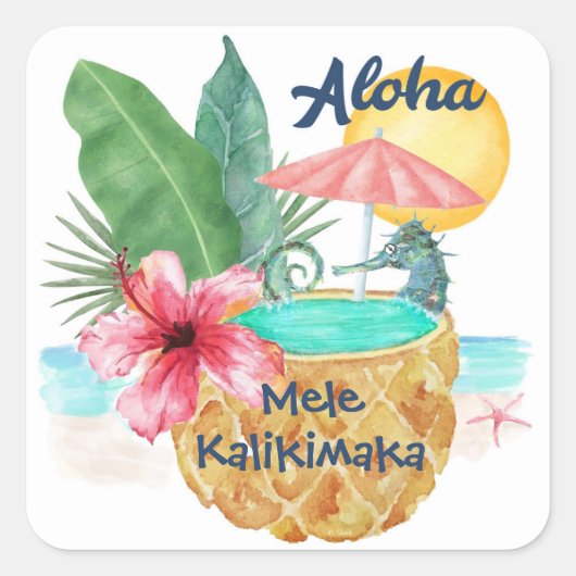 Zeepaardje Ananas Mele Kalikimaka Strand Kerstmis Vierkante Sticker (Voorkant)
