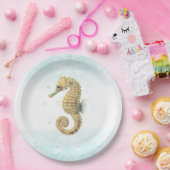 Zeepaardje Blauw & Goud Waterverf Kust Strand Papieren Bordje (Feest)