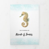 Zeepaardje Blauwgroen & Gouden Waterverf Bruiloft Drieluik Uitnodiging (Cover)
