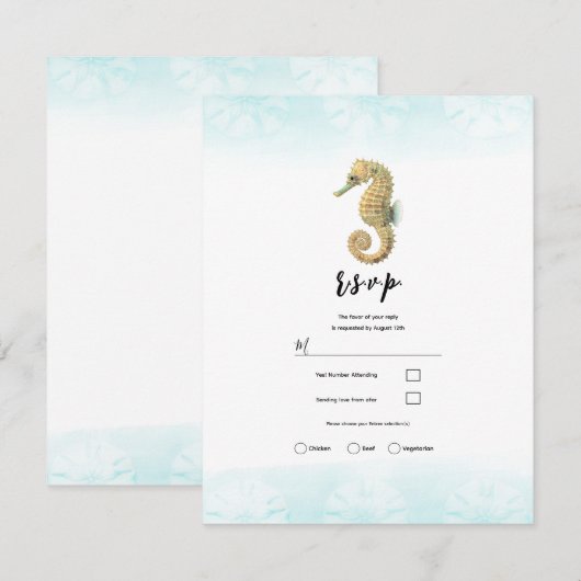 Zeepaardje Blauwgroen & Gouden Waterverf Bruiloft Kaart (Voorkant / Achterkant)